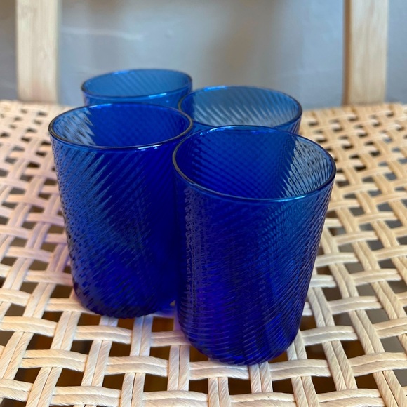Vintage Cobalt Blue Glass Tumblers Set of 4 Swirl Textured Drinking Glasses, MCM - Picture 1 of 7